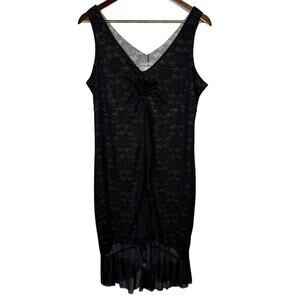 L’atelier Clientele Vintage Ruffle Dress Black Lace Print Mesh Overlay sz Large